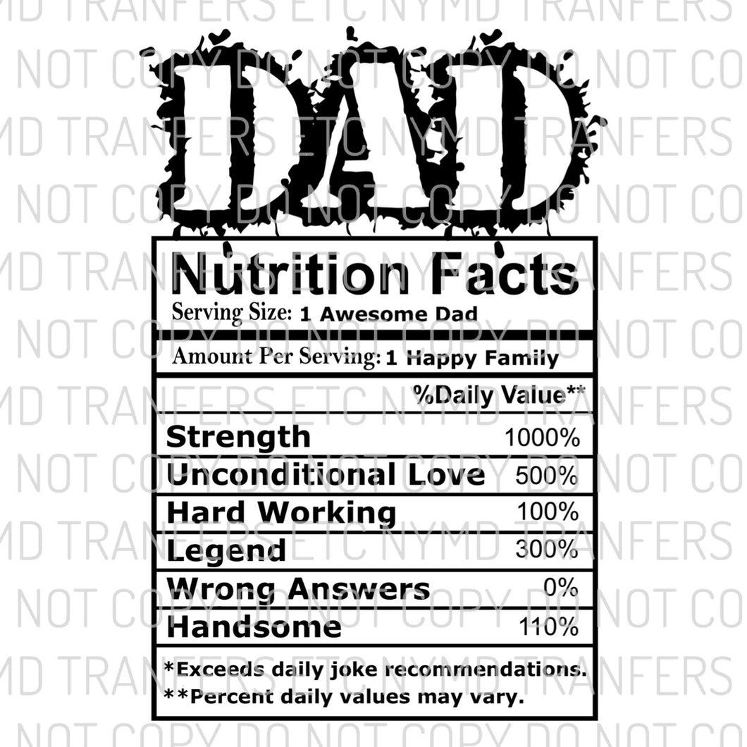 Dad Nutrition Facts Ready To Press Sublimation Transfer