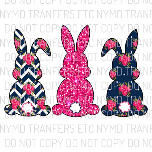 Bunnies Trio Navy Pink Floral Ready To Press Sublimation Transfer