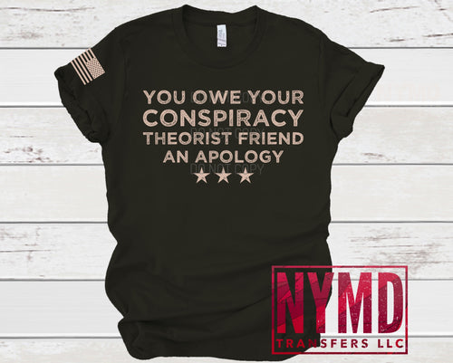 OS- 55 - *RTS* 8/31* Adult ~ Conspiracy Theorist Friend  ~ Light Tan Ink Screen Print Transfer - NYMD EXCLUSIVE