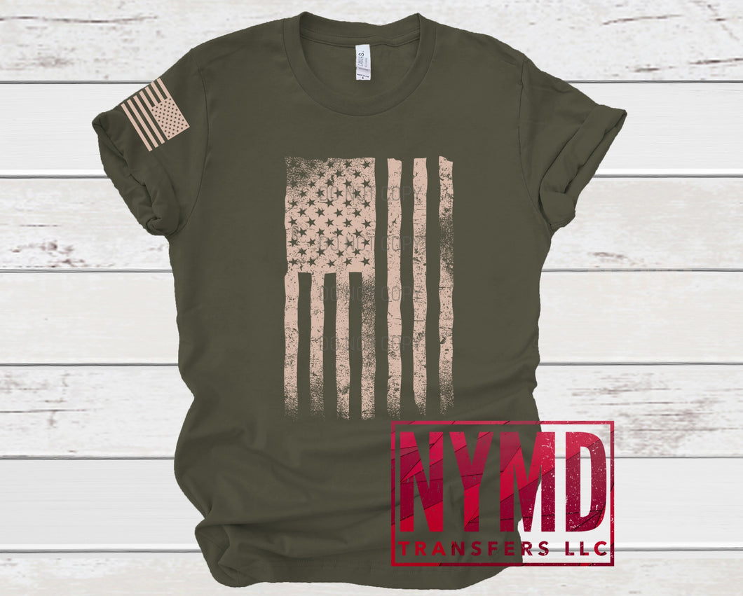 P-14 - *RTS* 8/19* Adult ~ Distressed American Flag ~ Light Tan Ink Screen Print Transfer - NYMD EXCLUSIVE