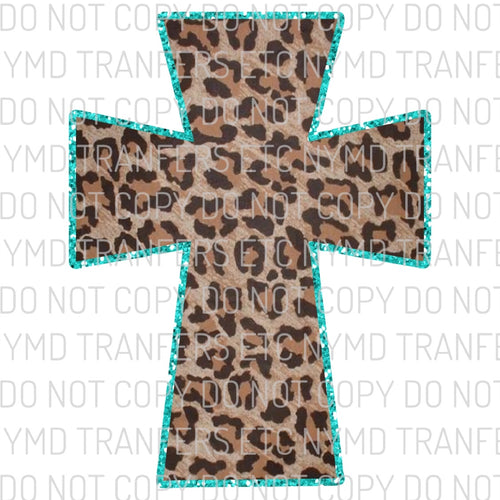 Cross Leopard Teal Glitter Trim Ready To Press Sublimation Transfer