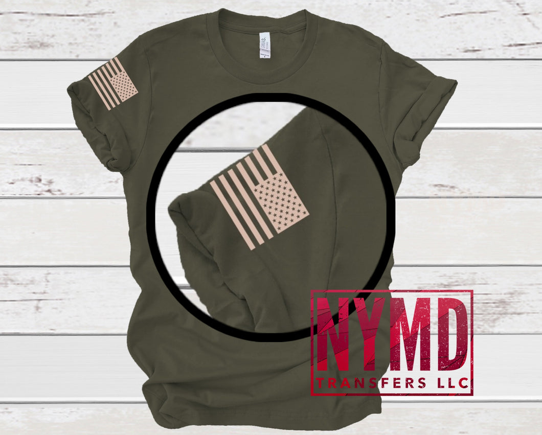 T-3 - RESTOCK *RTS* 4/30* Adult ~ Reverse RIGHT Right Sleeve Flag ~ Light Tan Ink Screen Print Transfer